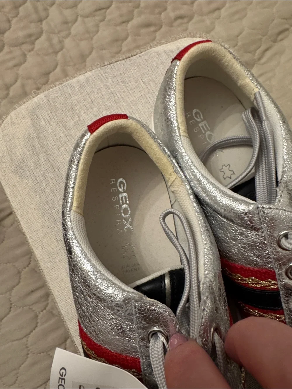 Geox Silver Metallic Sneakers with Red and Black Stripe Detail